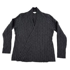 Garnet Hill Cardigan Sweater L Gray 100% Cashmere Cable Knit Open Front Warm